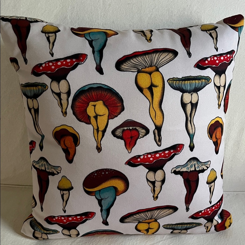 NWOT Mushroom Print Accent Pillow in Red, Yellow, Teal on White